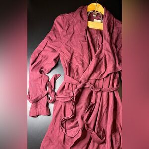 Thread & Supply Burgundy Cotton Waterfall Long Open Belted Cardigan Sz Large EUC
